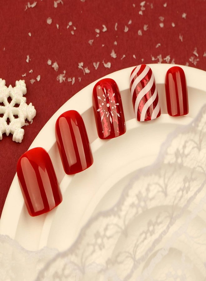 Vopintpy Winter Christmas Press on Nails White Snowflake Stripe Fake Nails Short Square Red Solid Color Glue on Nails Glossy Xmas Stick on Nails for Women DIY Manicure Decor - Image 2